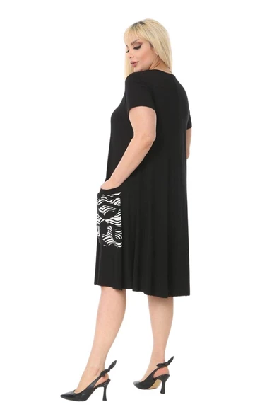 Melsay Butik Dalgalı Desen Balon Cepli Kısa Kollu Kadın Midi Elbise - Resim 4