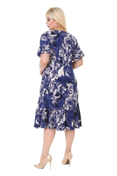Melsay Butik Mavi Batik Desen Fırfırlı Kısa Kollu Kadın Midi Elbise - 8