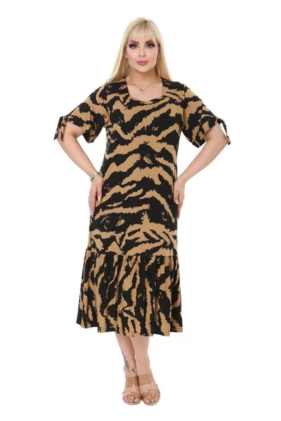 Melsay Butik Vizon Zebra Desen Bağlamalı Kısa Kollu Kadın Midi Elbise - 7