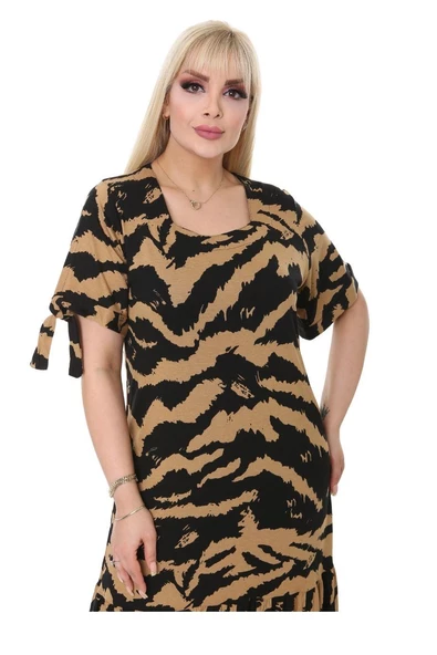 Melsay Butik Vizon Zebra Desen Bağlamalı Kısa Kollu Kadın Midi Elbise - 10