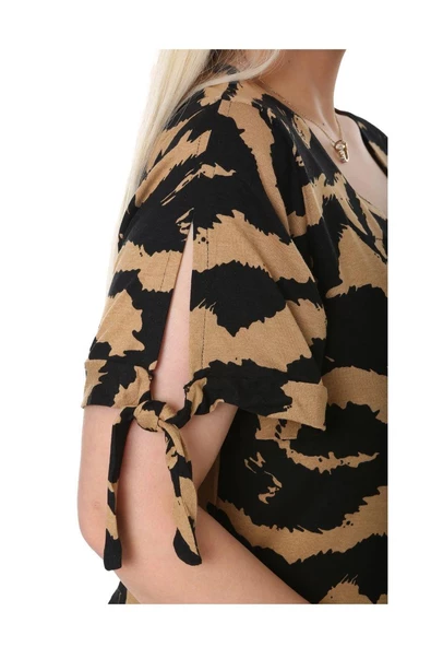 Melsay Butik Vizon Zebra Desen Bağlamalı Kısa Kollu Kadın Midi Elbise - 12