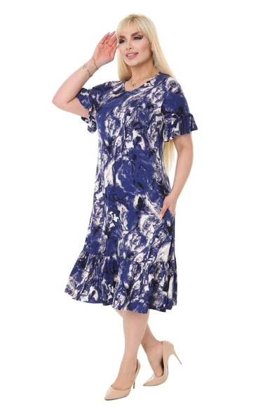 Melsay Butik Mavi Batik Desen Fırfırlı Kısa Kollu Kadın Midi Elbise - 7