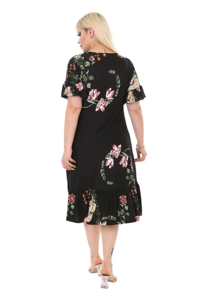 Melsay Butik Siyah Pembe Çiçekli Fırfır Detaylı Kısa Kollu Midi Elbise - Resim 5