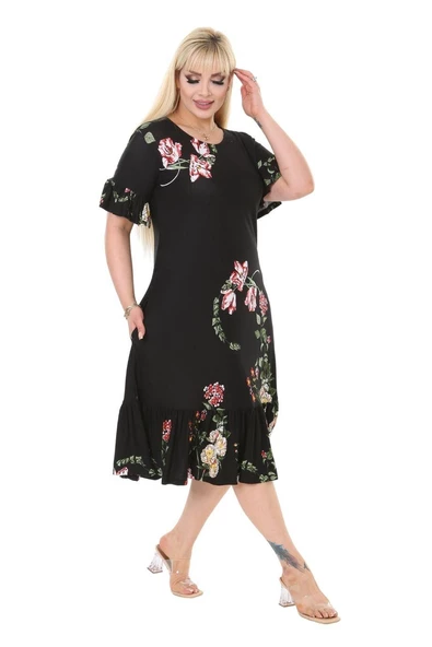 Melsay Butik Siyah Pembe Çiçekli Fırfır Detaylı Kısa Kollu Midi Elbise - Resim 3