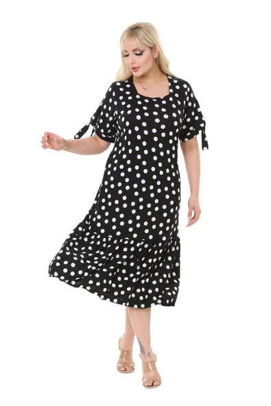 Melsay Butik Siyah Puanlı Bağlamalı Kısa Kollu Kadın Midi Elbise - Resim 5