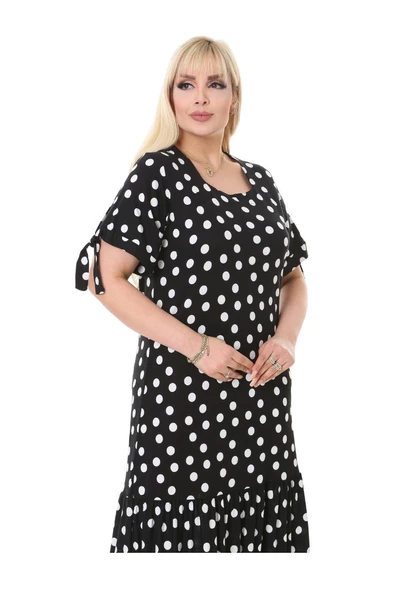 Melsay Butik Siyah Puanlı Bağlamalı Kısa Kollu Kadın Midi Elbise - Resim 6