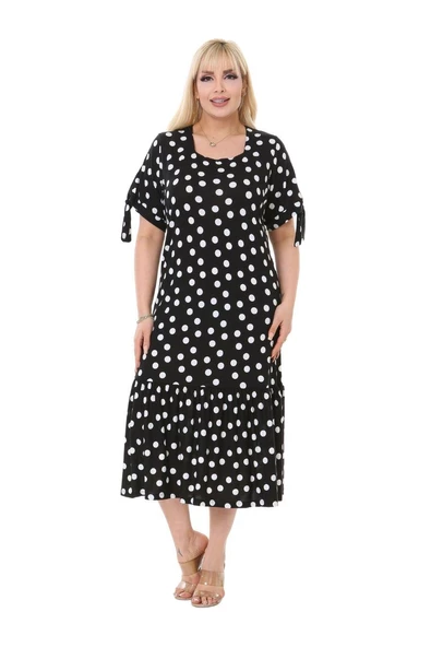 Melsay Butik Siyah Puanlı Bağlamalı Kısa Kollu Kadın Midi Elbise - Resim 2