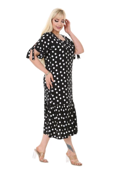 Melsay Butik Siyah Puanlı Bağlamalı Kısa Kollu Kadın Midi Elbise - Resim 4