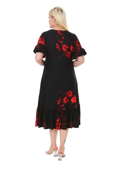 Melsay Butik Gelincik Desen Fırfır Detaylı Kısa Kollu Midi Elbise - Resim 4