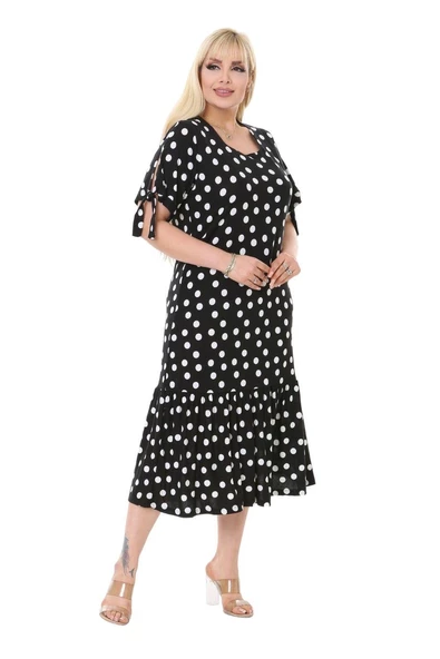 Melsay Butik Siyah Puanlı Bağlamalı Kısa Kollu Kadın Midi Elbise - Resim 3