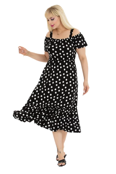 Melsay Butik Beyaz Puantiye Desen Madonna Yaka Askılı Midi Elbise - Resim 4