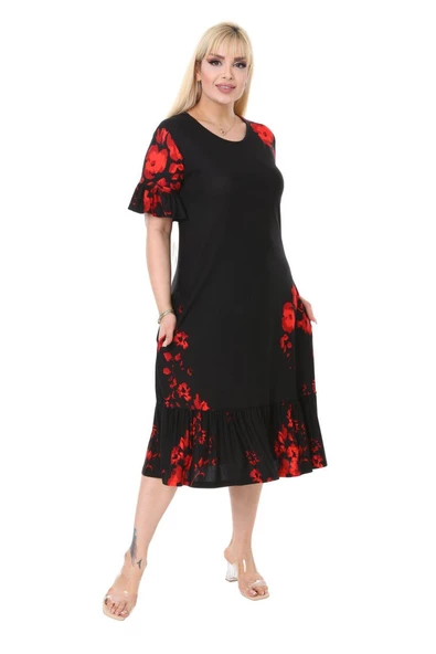 Melsay Butik Gelincik Desen Fırfır Detaylı Kısa Kollu Midi Elbise - Resim 2