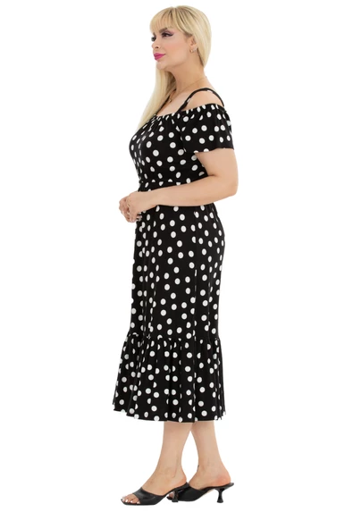 Melsay Butik Beyaz Puantiye Desen Madonna Yaka Askılı Midi Elbise - Resim 2