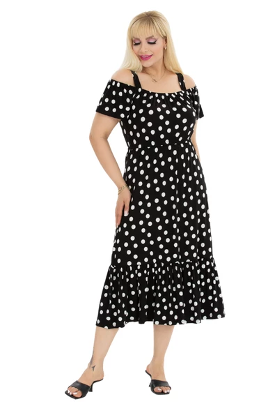 Melsay Butik Beyaz Puantiye Desen Madonna Yaka Askılı Midi Elbise - Resim 3