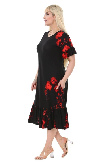 Melsay Butik Gelincik Desen Fırfır Detaylı Kısa Kollu Midi Elbise - Resim 3