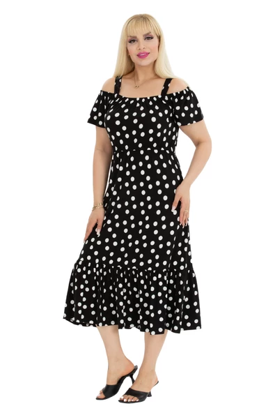 Melsay Butik Beyaz Puantiye Desen Madonna Yaka Askılı Midi Elbise ürün görseli