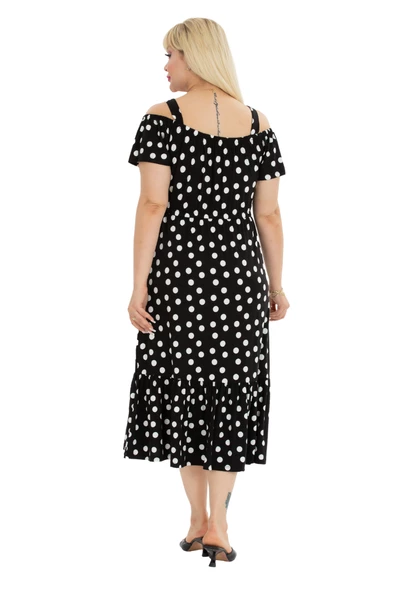 Melsay Butik Beyaz Puantiye Desen Madonna Yaka Askılı Midi Elbise - Resim 6