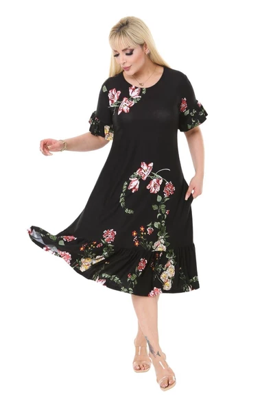 Melsay Butik Siyah Pembe Çiçekli Fırfır Detaylı Kısa Kollu Midi Elbise - Resim 2