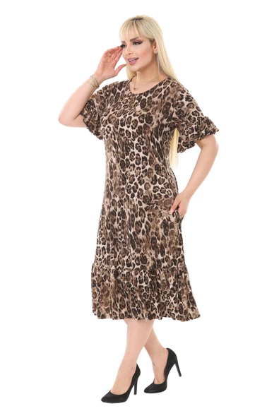 Melsay Butik Leopar Desen Fırfırlı Kısa Kollu Kadın Midi Elbise - Resim 4