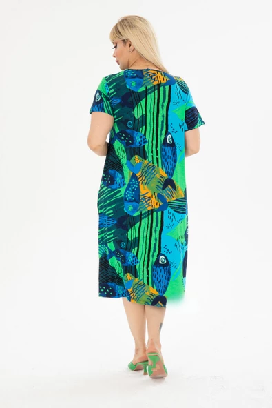 Melsay Butik Yeşil Balık Kuplu Cepli Kısa Kollu Kadın Midi Elbise - Resim 5