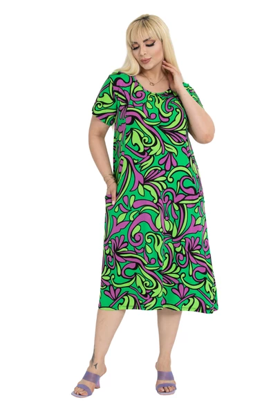 Melsay Butik Yeşil Jungle Desen Kuplu Cepli Kısa Kollu Kadın Midi Elbise - Resim 2