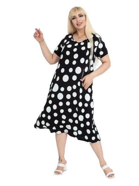 Melsay Butik Büyük Puanlı Kuplu Cepli Kısa Kollu Kadın Midi Elbise - Resim 4