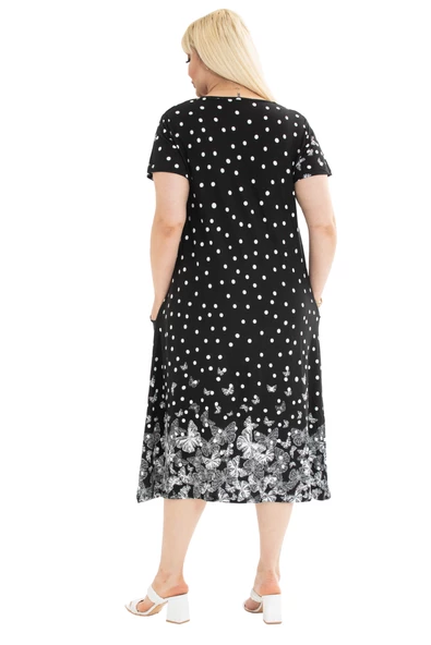 Melsay Butik Puanlı Kelebek Desen Kuplu Cepli Kısa Kollu Kadın Midi Elbise - Resim 6