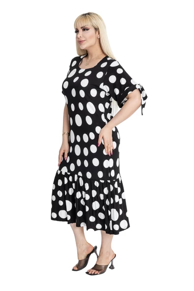 Melsay Butik Büyük Puanlı Kolları Bağlamalı Kısa Kollu Kadın Midi Elbise - Resim 2