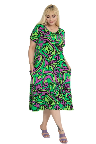 Melsay Butik Yeşil Jungle Desen Kuplu Cepli Kısa Kollu Kadın Midi Elbise - Resim 3