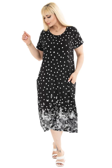 Melsay Butik Puanlı Kelebek Desen Kuplu Cepli Kısa Kollu Kadın Midi Elbise - Resim 2