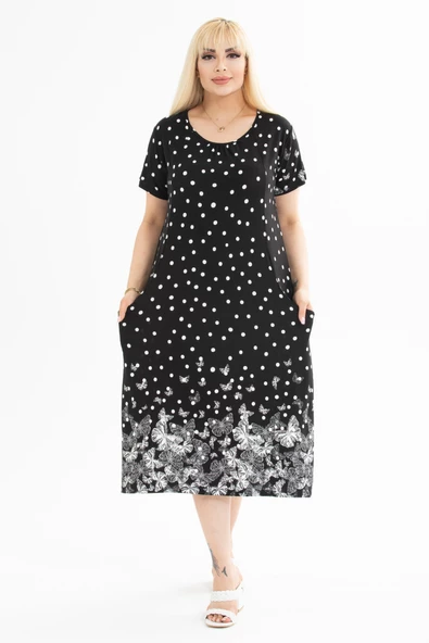 Melsay Butik Puanlı Kelebek Desen Kuplu Cepli Kısa Kollu Kadın Midi Elbise - Resim 3