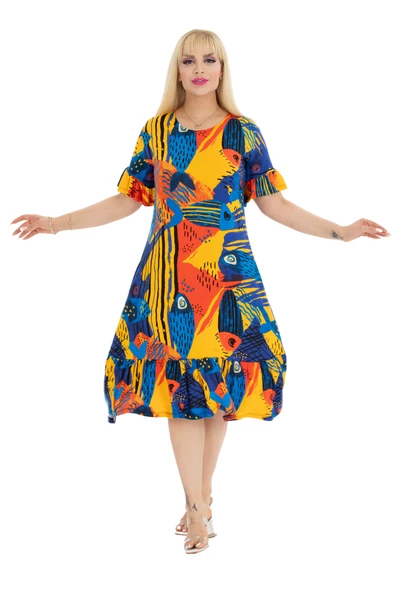 Melsay Butik Sarı Balık Desen Fırfırlı Kısa Kollu Kadın Midi Elbise - Resim 2