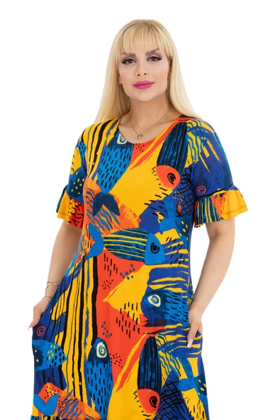 Melsay Butik Sarı Balık Desen Fırfırlı Kısa Kollu Kadın Midi Elbise - Resim 5