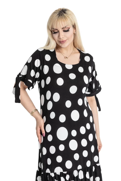 Melsay Butik Büyük Puanlı Kolları Bağlamalı Kısa Kollu Kadın Midi Elbise - Resim 5