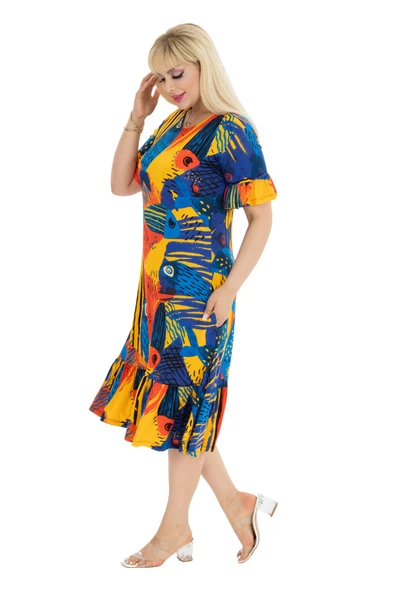 Melsay Butik Sarı Balık Desen Fırfırlı Kısa Kollu Kadın Midi Elbise - Resim 4