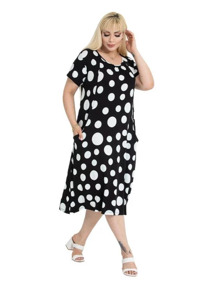 Melsay Butik Büyük Puanlı Kuplu Cepli Kısa Kollu Kadın Midi Elbise - Resim 3