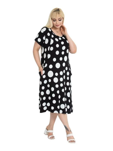 Melsay Butik Büyük Puanlı Kuplu Cepli Kısa Kollu Kadın Midi Elbise - Resim 7