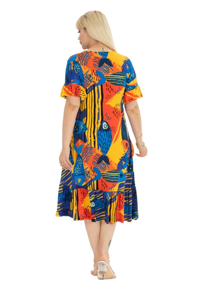 Melsay Butik Sarı Balık Desen Fırfırlı Kısa Kollu Kadın Midi Elbise - Resim 6