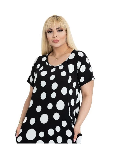 Melsay Butik Büyük Puanlı Kuplu Cepli Kısa Kollu Kadın Midi Elbise - Resim 6