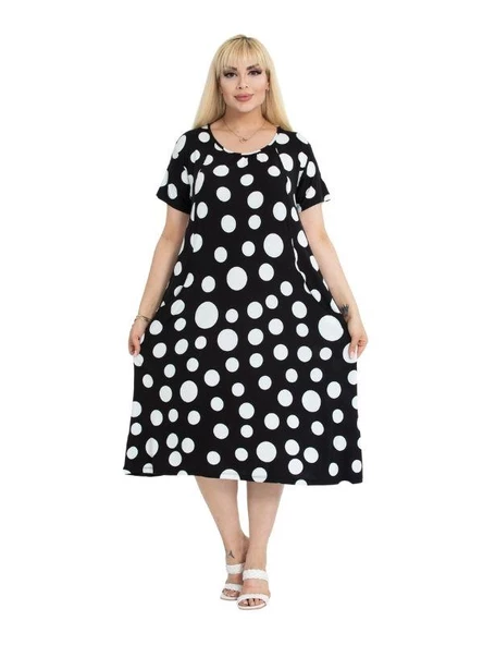 Melsay Butik Büyük Puanlı Kuplu Cepli Kısa Kollu Kadın Midi Elbise - Resim 2