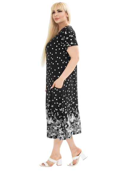 Melsay Butik Puanlı Kelebek Desen Kuplu Cepli Kısa Kollu Kadın Midi Elbise - Resim 4