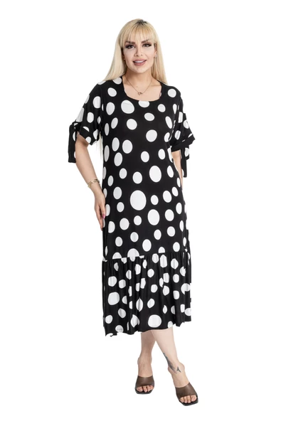 Melsay Butik Büyük Puanlı Kolları Bağlamalı Kısa Kollu Kadın Midi Elbise - Resim 4