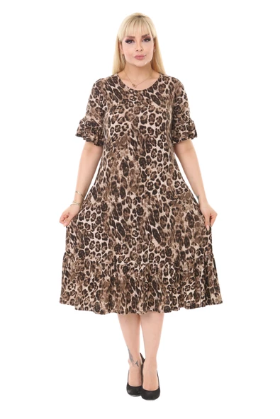 Melsay Butik Leopar Desen Fırfırlı Kısa Kollu Kadın Midi Elbise - Resim 2