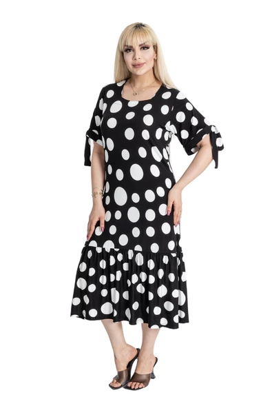 Melsay Butik Büyük Puanlı Kolları Bağlamalı Kısa Kollu Kadın Midi Elbise - Resim 3