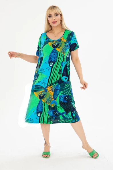 Melsay Butik Yeşil Balık Kuplu Cepli Kısa Kollu Kadın Midi Elbise - Resim 3