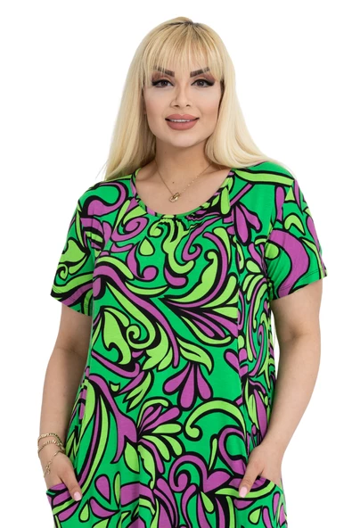 Melsay Butik Yeşil Jungle Desen Kuplu Cepli Kısa Kollu Kadın Midi Elbise - Resim 4