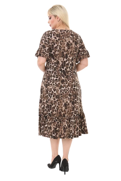 Melsay Butik Leopar Desen Fırfırlı Kısa Kollu Kadın Midi Elbise - Resim 3