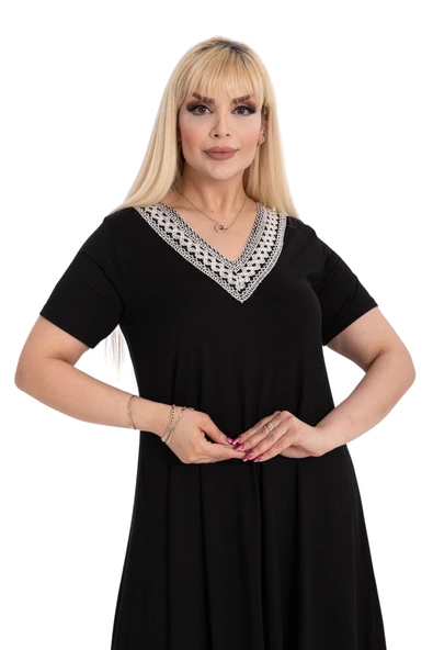 Melsay Butik Siyah V Yaka Dantel Detaylı Asimetrik Kısa Kollu Elbise - Resim 5