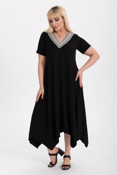 Melsay Butik Siyah V Yaka Dantel Detaylı Asimetrik Kısa Kollu Elbise - Resim 4