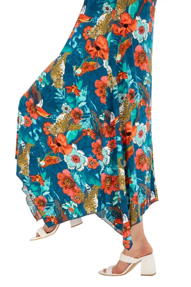 Melsay Butik Yeşil Papağan Desen Asimetrik Kısa Kollu Elbise - Resim 5